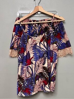 Japna Lounge 2pc Cami & Shorts W/ Lace Trim Tropical Boho Chic Resort Wear Large